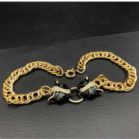 Vintage Black Panther Runway Necklace 1980s Doorknocker Enamel Crystal Jaguars - Picture 4 of 11